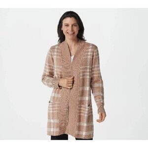 Isaac Mizrahi Live! Pattern Jacquard Cozy Cardigan Cappuccino Plaid Tan Open XXS
